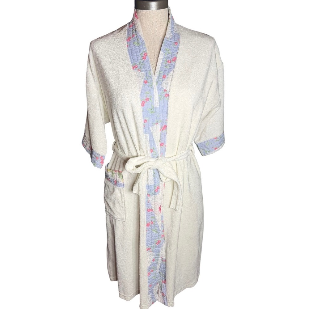 Village Fair Vintage Terry Cloth Robe Cream Floral Quilted Trim Size 12-14 72275